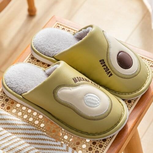 Fashion Leather Indoor Slippers Women Warm Plush Home Slipper Anti-slip Soft Lovers Winter Shoes Cartoon Avocado Ladies Slides