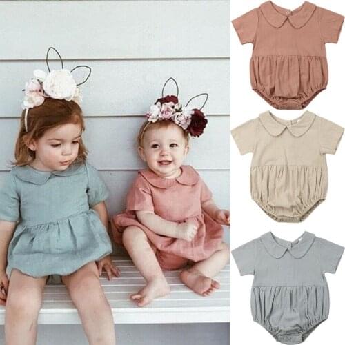 2019 New Summer Cute infant Baby Girls Boys Bodysuits Solid Peter Pan Collar Jumpsuits Outfits Clothes Summer