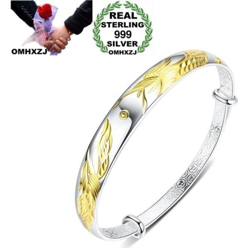 OMHXZJ Wholesale European Fashion Hot Mother Party Birthday Wedding Gift Vintage Dragon Phoenix 999 Sterling Silver Bangle BA123