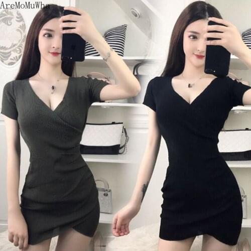 AreMoMuWha Dress Female Summer 2019 New Temperament 18-25 Years Old Sexy V-neck Slim Slimming Irregular Knit Bag Hip Dress MH276