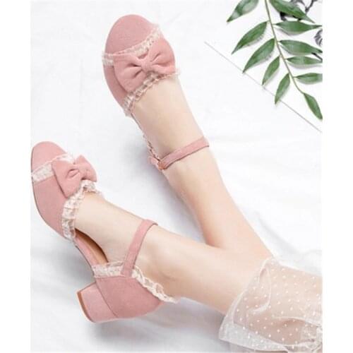 PXELENA Sweet Lolita Ruffles Bowknot Lace Bridal Wedding Shoes Women Summer Sandals Ankle Strap Chunky Med Heels 2020 New Pink