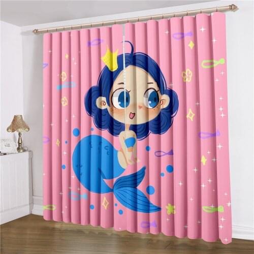 3D Print Mermaid Window Curtains 2 Panels Cartoon Girl Window Treatments Home Textile Curtain For Living Room Window Drapes