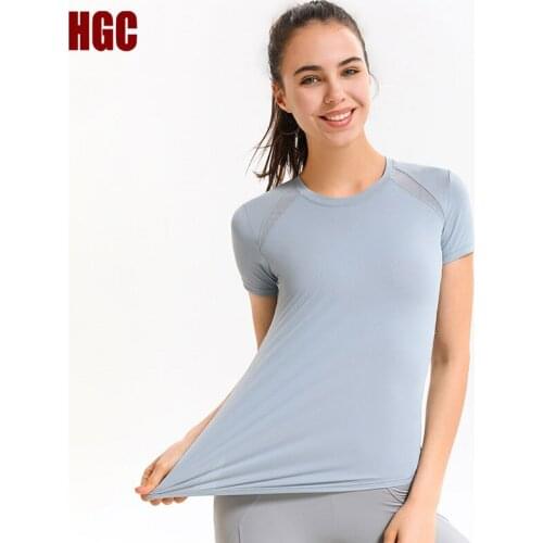HGC Sports T-shirt Womens Summer Short Sleeve Quick Drying Yoga Blouse Gym Mesh Breathable Slim Running Elastic Fitness Top