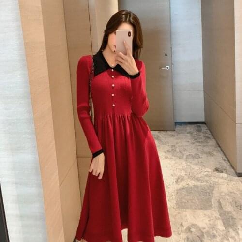 Knitted Dress Knee-length A-line Elegant Fashion Sweater Dress 2021 Autumn New Plus Size 3XL Casual Vintage Vestidos Female