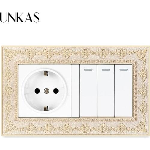UNKAS 4D Zinc Alloy Metal Panel EU Standard Socket + 3 Gang 1 / 2 Way On / Off Pass Through Light Switch Embossing Retro Frame