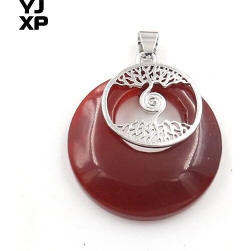 YJXP Silver Plated Safety Buckle Round Hollow Red Agates Pendant Tree of Life Fashion Jewelry