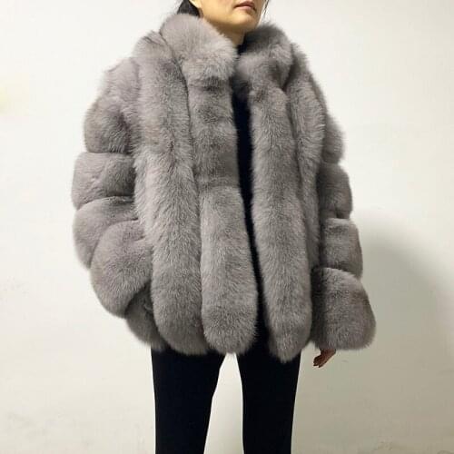 Rf2096 Womans Real Fox Fur Coat Vertical Stripes Stand Collar Natural Fur Jacket