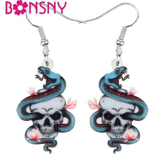 Bonsny Acrylic Halloween Snake Skull Earrings Evil Skeleton Dangle Drop Jewellery For Women Girls Funny Festival Gift Decoration