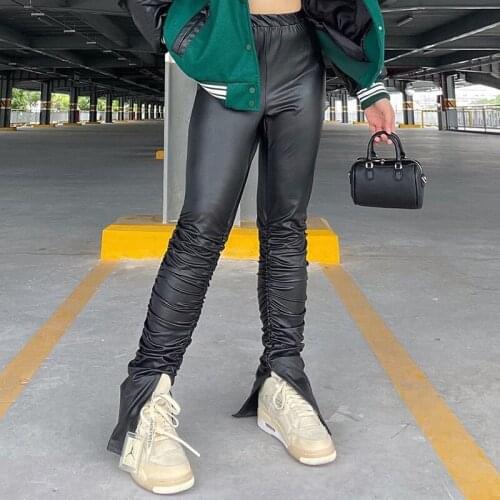 Wsevypo Women PU Leather Stacked Pants with Split Bottom Casual Streetwear 2021 Autumn New High Elastic Waist Pencil Trousers