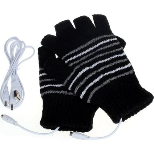 Women Men 5v Usb Powered Fingerless Heated Gloves Washable Knitted Stripes Computer Convertible Mittens Winter Hand Warmer