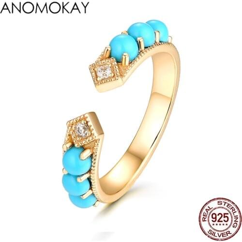 Anomokay New Blue Luxury Rhinesone Gold Color Rings for Women Girlfriends Fine White CZ Open Rings 925 Sterling Silver Jewelry
