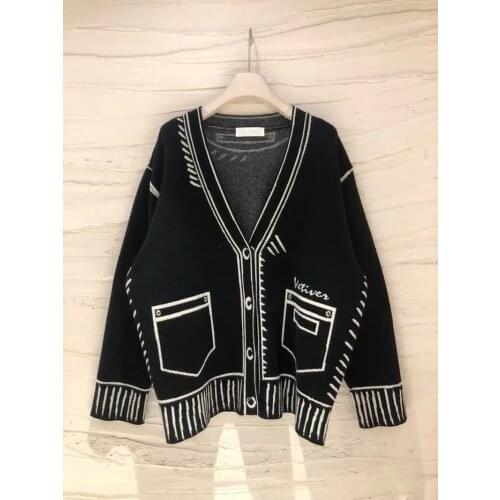 Women Oversized Cardigans V Neck Letters Casual Patchwork Loose Jumpers Thick Warm Spring Knit Jacket Coat With Pockets