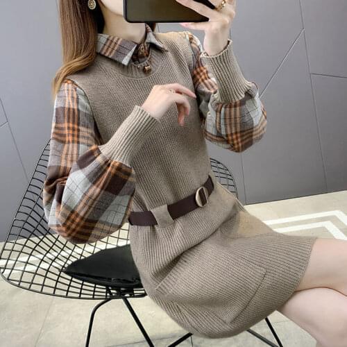 Argyle Sweater Womens 2021 New Plaid Shirt Fashion Knit Suit Mid-length Sweater Skirt Waist Tie