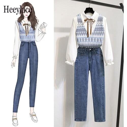 Women Autumn 3 Piece Set Women Office Work Ladies Suits Fall Winter Outfits Casual Korean Style knitted Vest Shirt Pants Sets