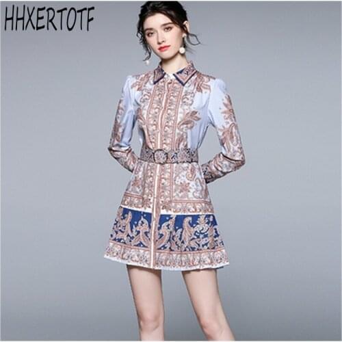 2021 spring summer fashion elegant women Flower Print Dresses Women Long Sleeve turn down collar Dress with Belt