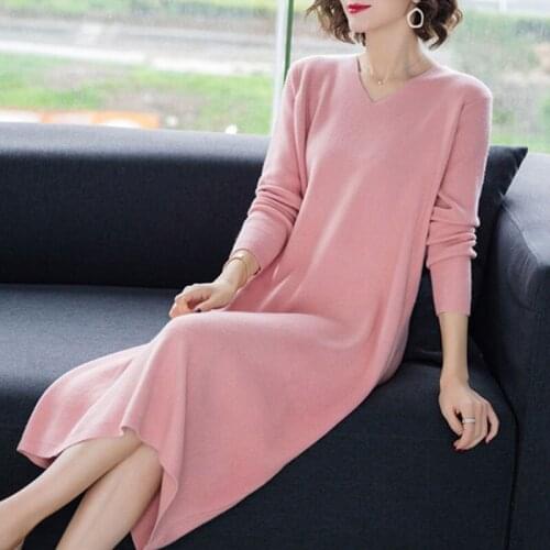 Women Knitted Long Dresses Pure Color Female Long Sleeve Dress 2021 New Autumn Winter V-neck Solid Straight Dresses X310