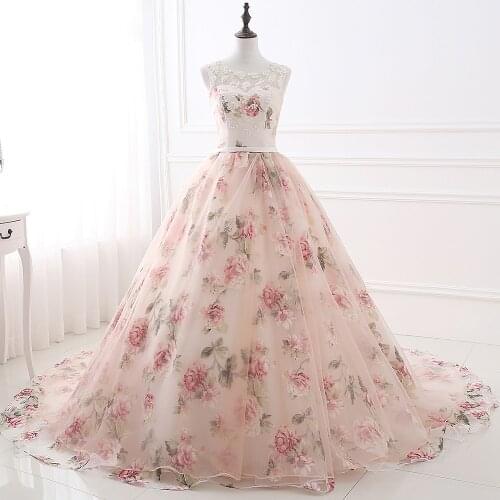 2020 Spring Evening Dresses Printing Flowers Scoop Neckline Lace Appliqued A Line Floor Length Long Bohemia Woman Party Gown