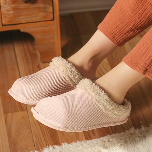 Winter Waterproof Cotton Slippers Womens Warm Indoor Thick-soled Anti-slip Couples Plush Shoes For Home Men Leather Slipper
