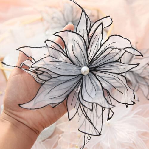 1Pc 3D Embroidered Flowers Appliques Fabric Wedding Gown Lace Trims Collar Mesh Sew Patch For Dress DIY Decoration