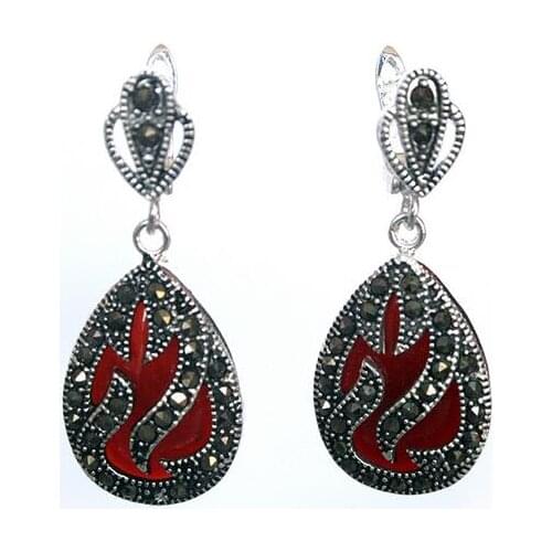 11/2 "Genuine 925 Silver Marcassite Inlay Red Coral Long Natural stone 925 Sterling Silver wedding jewelry earrings