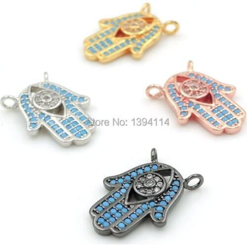 18*14*2mm Micro Pave Kallaite&Clear CZ Pierced Evil Eye Hand Charms Of Double Loops Fit For Making Necklaces Jewelry