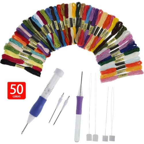 50 Colors Cross Stitch Embroidery Pen Thread Needles Threaders Punch Needle Set Embroidery Stitching Craft Tool for DIY Sewing