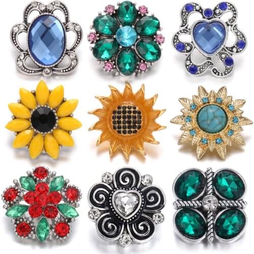 6pcs/lot New Snap Jewelry Lots Crystal 18mm Rhinestone Flower Snap Buttons Alloy Charms Fit Leather 18mm Snap Bracelet