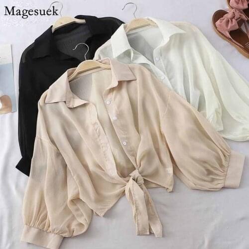 Summer New Casual Blouse Tied Chiffon Shirts Women 2020 Half Sleeve Buttoned Up Shirt Loose Waist Elegant Blouses for Women 9776