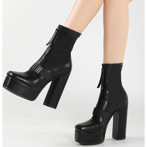 Casual Shoes Women Cuban High Heels Motorcycle Boots Female High Top Round Toe Chunky Platform Pumps Shoes Punk Goth Creepers