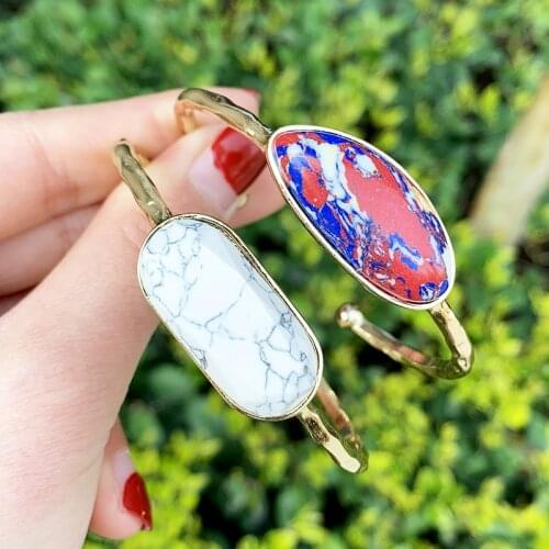 KOMI Bohemian Style Natural Stone Turquoises Geometric Alloy Cuff Bangle Bracelet Opened Semi Circular Jewelry Female C0440