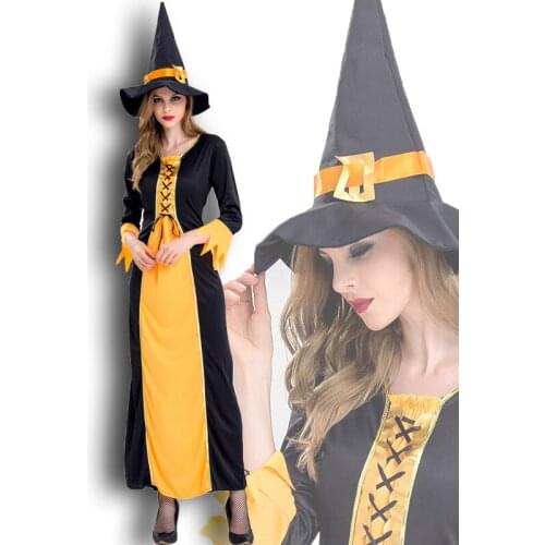 Adult Black Orange Gothic Witch Sorceress Cosplay Costume for Women Fantasia Halloween Carnival Mardi Gras Party Dress
