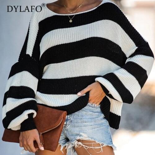 Fitshinling Striped Loose Ladies Sweater Pullover 2019 Autumn Winter Black-White Jumpers Knit Sweaters Women Pull Femme