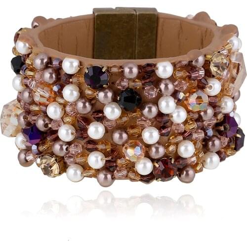 HAHATOTO Handmade Inlaid Crystals on Leather Bracelet Magnet Cuff Bangle Statement Beaded Stands Bracelets for Girls