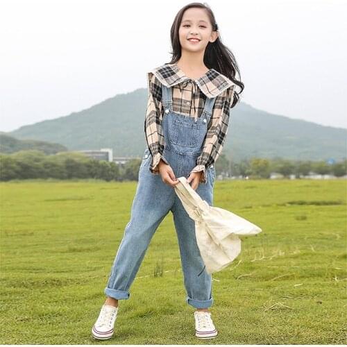 Teenage Girls Clothing 12 14 Years Outfit Spring Children Overalls Rompers Girl Sets Girls Tops Blouse + Jumpsuit 2Pcs Suit