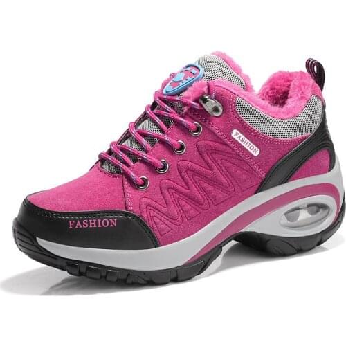Air Cushion Hiking Shoes Women Plush Cow Suede Leather Platform Sneakers Trekking Trainers Non Slip Ladies Comfort Plush Durable