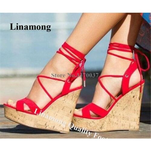 Linamong Charming Red Suede Leather High Platform Wedge Sandals Lace-up Height Increased Wedges Formal Dress Shoes Heels