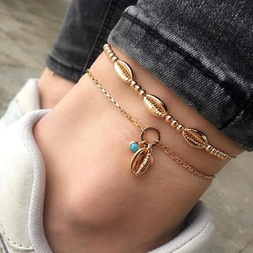 2019 Shell Dangle Anklets for Women Blue Beads Anklet Metal Chain Golden Indian Jewelry Summer Beach Fashion Vintage Festival