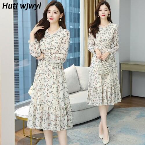 2021 Autumn Winter Vintage Midi Dress Korean Plus Size Floral Chiffon Boho Dress Elegant Women Party Long Sleeve Casual Vestidos