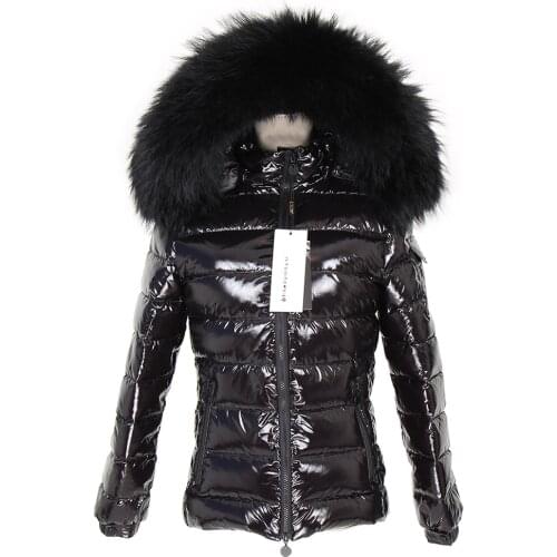 Furry control autumn and winter bright face real fur collar black down jacket short 90 white duck down slim hooded jacket winter