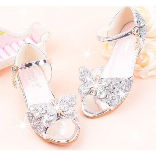 Girls High Heels Summer New Princess Sandals Rhinestone Butterfly Children Performance Shoes Kids Dance Student Show Shoes 26-37