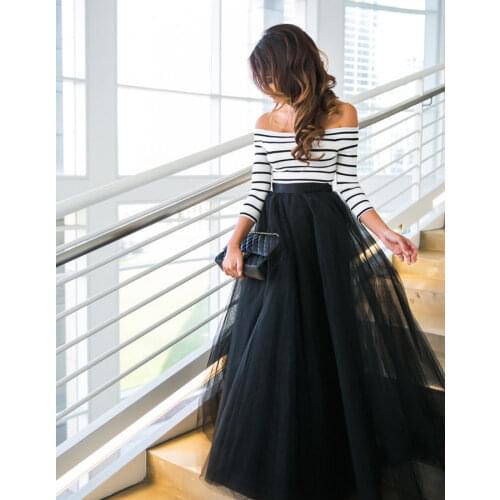 Sexy Women Tulle Lace Ball gown dress Cocktail Party Prom Long dress Striped Off Shoulders Long Sleeves Tulle Dress