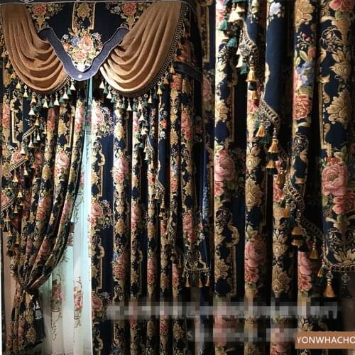 Custom curtains High-end luxury villa living room European blue chenille thick cloth blackout curtain tulle valance drape B731