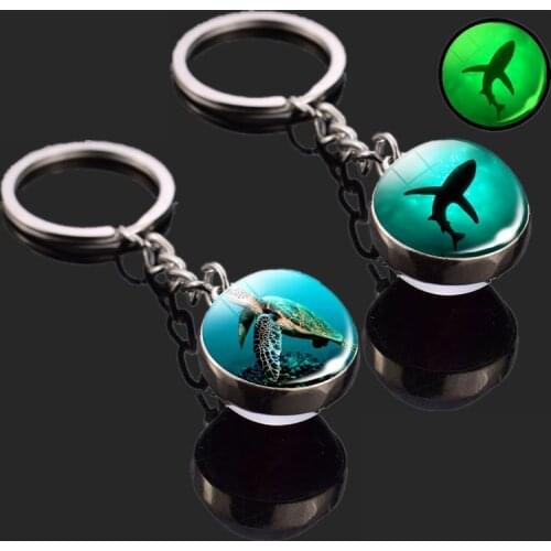 Luminous Turtle Dolphin Keychain Glowing Glass Ball Seahorse Starfish Octopus Marine Life Keyring Pendant Jewelry Marine Animal