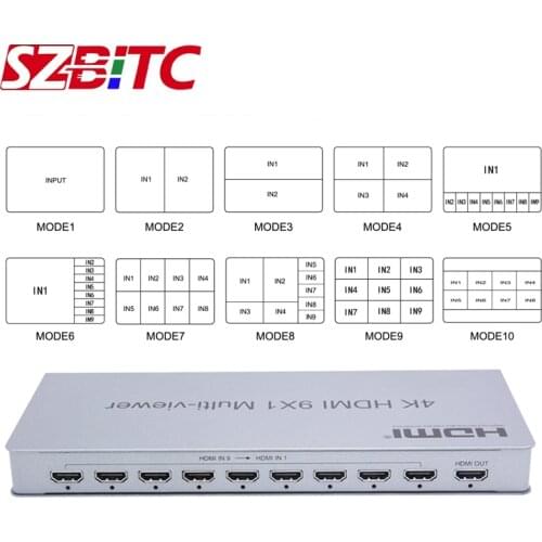 SZBITC 4K HDMI 9x1 Quad Multi-viewer HDMI 9 in 1 out with Seamless Switching IR Control HDMI Divider Switcher For Camares PC