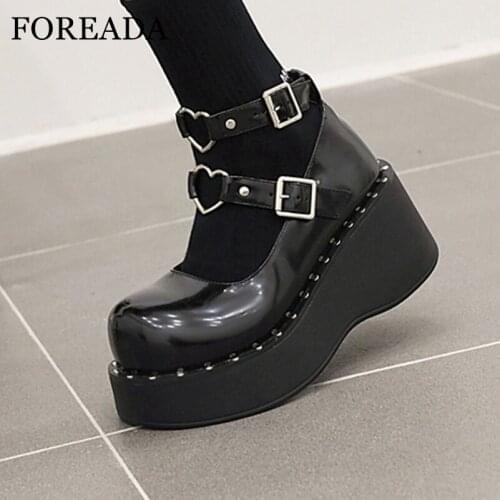 FOREADA Ankle Strap Gothic Shoes Platform Round Toe Pumps Wedges High Heels Heart Buckle Female Footwear Autumn Black 34-43