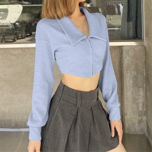 Women Fashion Long Sleeve Solid Color Zip-Up Sweatshirts Casual Autumn Blue Zipper Crop Top All-Match Slim Fit Jacket 2021