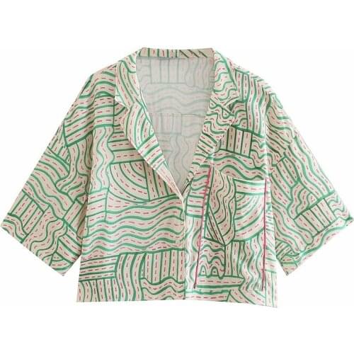 ZXQJ Women 2021 Fashion WIth Pockets Printed Oversized Crop Blouses Vintage Short Sleeve Button-up Female Shirts Chic Tops