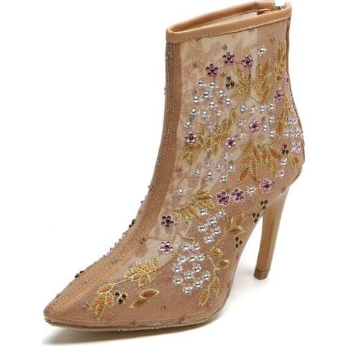 Women Summer Shoes 2018 Embroider Crystal Flowers Studded Transparent Ankle Boots Sexy Pointed Toe Net Back Zipper Heels Shoes