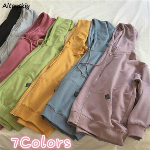 Hoodies Women Classic Basic Sweatshirts Solid Vintage Korean Style Womens Zipper Hooded Zip-up Autumn Leisure Loose All-match