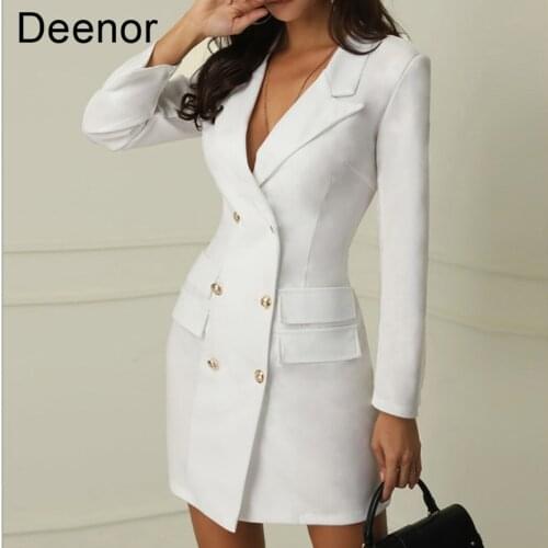 Deenor Women Business Mini Dress V-neck Double Breasted Blazer Dress Elegant Office Ladies Clothes Female Blazer Outwear